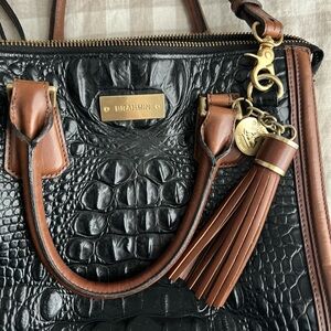 Brahmin Black Melbourne Croc Embossed Leather Satchel Purse Brown Trim Tassel